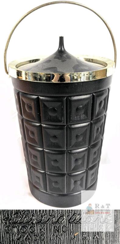 Illustratone B-26 Mid-Century Modern Black Geometric Ice Bucket, Gold-Tone Handle, Made in USA