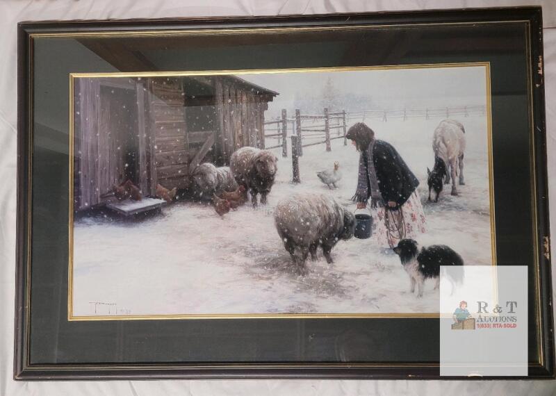 T. Dugan 1989 Signed Framed Farm Winter Scene Print, 25.5"x37.5", Black/Gold Frame