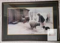T. Dugan 1989 Signed Framed Farm Winter Scene Print, 25.5"x37.5", Black/Gold Frame