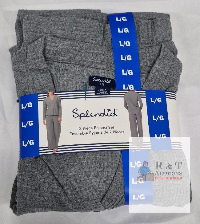 NEW Splendid 2 Piece Pajama Set, Women&rsquo;s, Large, Grey, 100% Polyester, Waffle Knit, Button Front Top