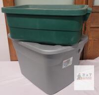 Sterilite 18 Gallon Storage Totes, Model 1815, Gray & Green, With Lids, Stackable, 2 Pack