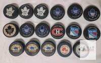 Vintage NHL Commemorative Hockey Puck Lot &ndash; Toronto Maple Leafs, Bruins, Rangers & More,