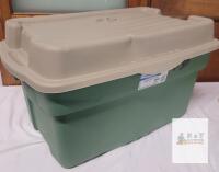 Rubbermaid 2644 30-Gallon Hinged-Lid Storage Tote, 32x20.2x17.5 in, Green/Tan, HDPE Plastic