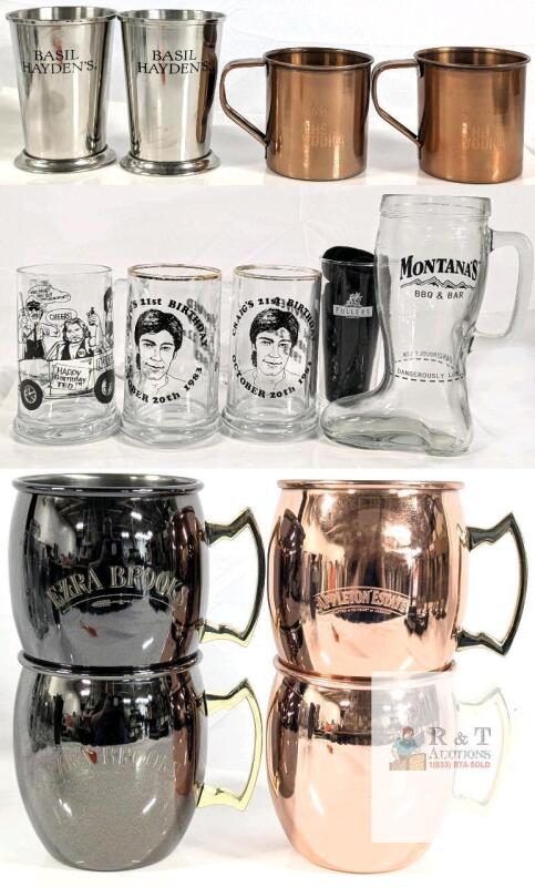 12-Piece Branded Barware : Metal & Glass Mugs, Moscow Mule, Beer Steins, Montana&rsquo;s Boot