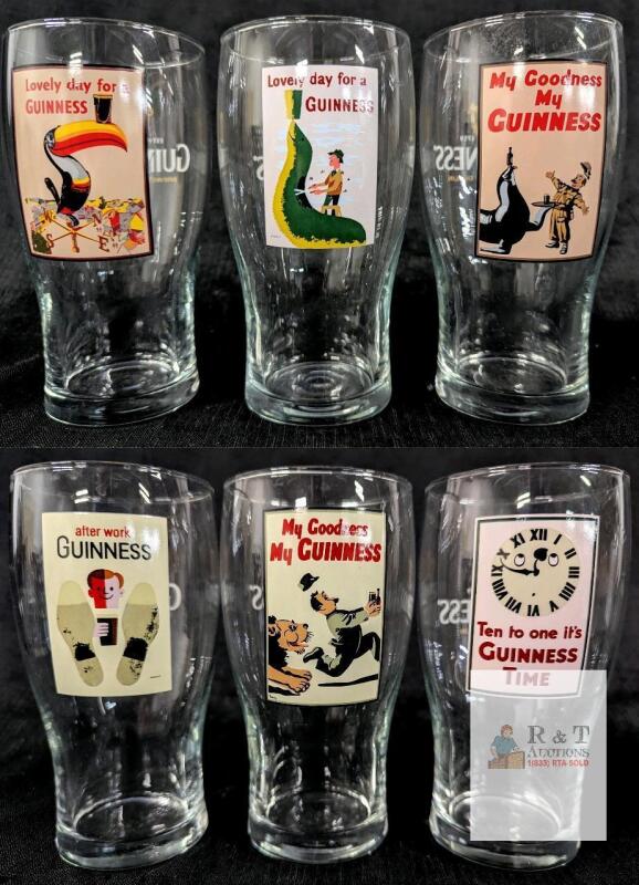 Guinness Vintage Advertisement Pint Glass Set &ndash; 6 Unique Designs, Imperial 20 oz, Harp Logo