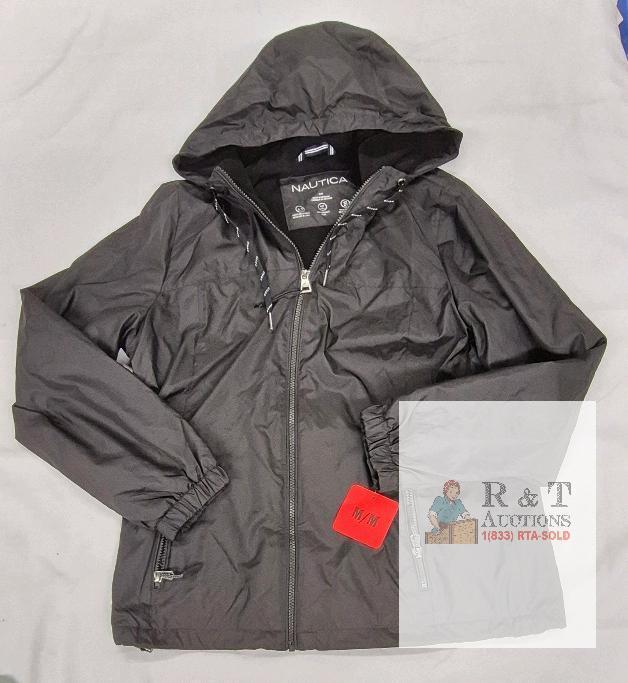 NEW Nautica Men&rsquo;s Medium Black Hooded Lightweight Water & Wind Resistant Jacket Vietnam, Zip Front