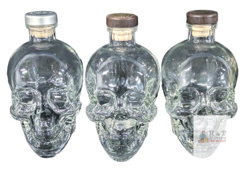 3 Crystal Head Vodka Skull Bottles 750ml Canada, Various Cap Styles, Rolling Stones Edition
