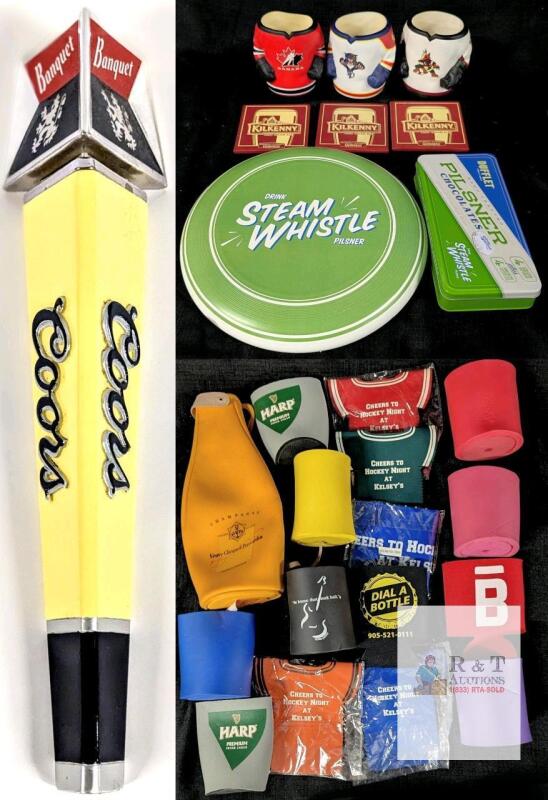 Large brewery & bar promotional lotCoors Banquet Tap Handle + 20+ Brewery Promo Items: Steam Whistle, Kilkenny, Koozies, Mugs