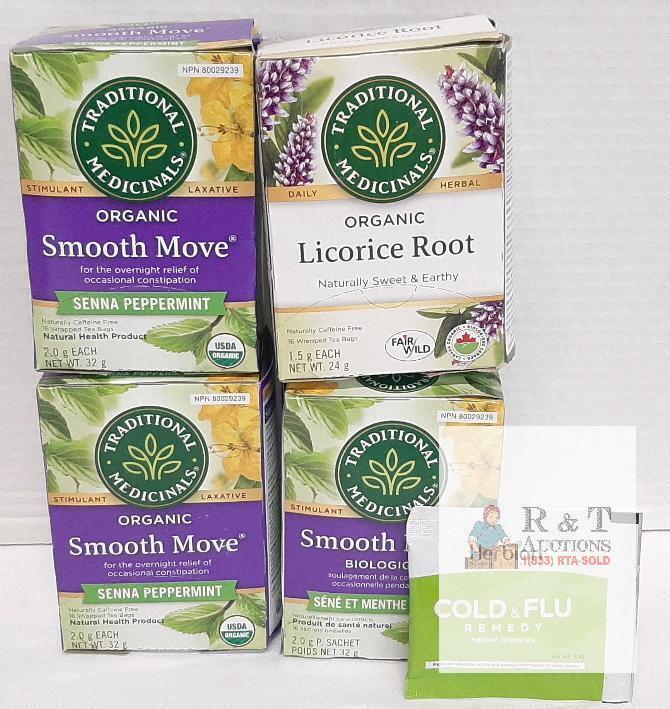 Traditional Medicinals Organic Smooth Move & Licorice Root Teas, Herbion Cold Flu Remedy, Lot/Exp Dates SEE DESCRIPTION - possible lower volume of tea bags - appear full - but maybe missing 1 from any of boxes