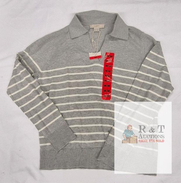 NEW LOFT Women&rsquo;s Gray Striped Collared Pullover Sweater, Long Sleeve, Medium, New with Tags