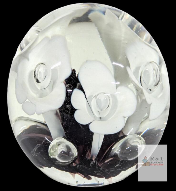 Handmade Glass Paperweight, APPROX 3" Encased White Flower Bouquet, Clear & Dark Base, Bubble Accents