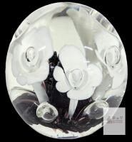 Handmade Glass Paperweight, APPROX 3" Encased White Flower Bouquet, Clear & Dark Base, Bubble Accents