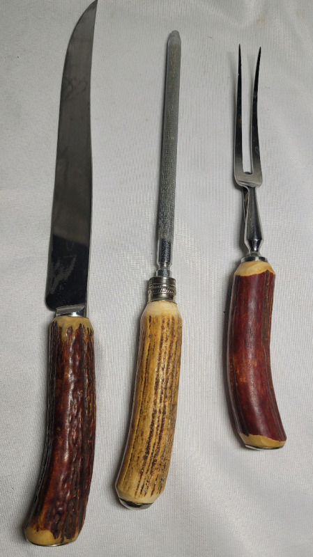 Vintage Horn Handle 3-Piece Carving Set , Made in England