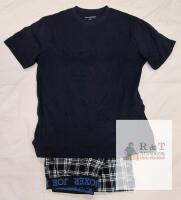 NEW Joe Boxer Men's Pajama Set Size Small Navy Shirt Plaid Boxer Shorts Lounge Sleepwear