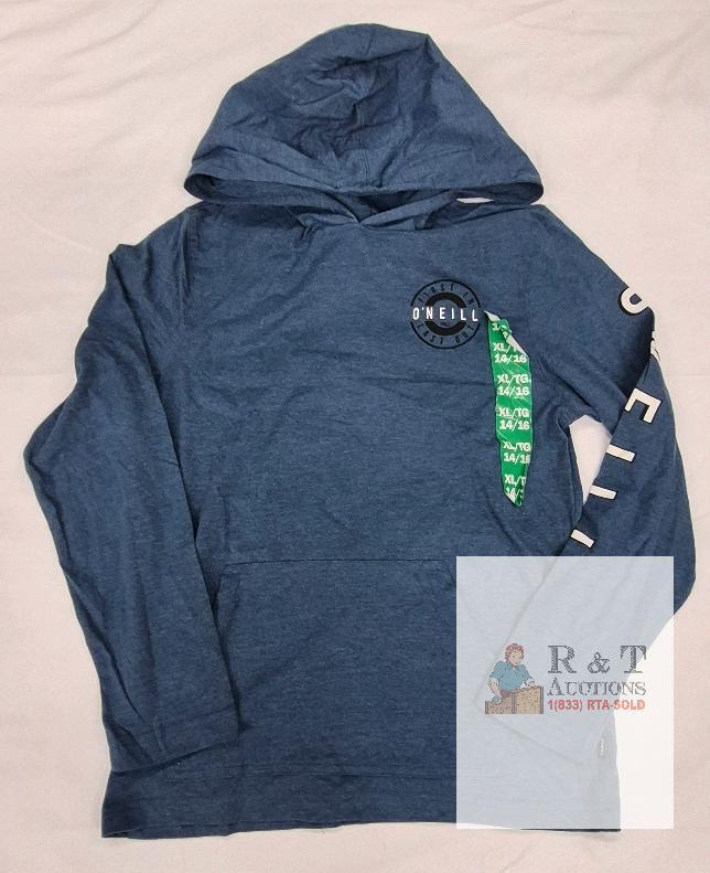 NEW O'Neill Youth XL (14/16) Blue Hooded Long Sleeve Shirt, Kangaroo Pocket, Sleeve Branding