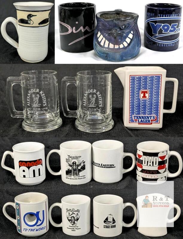 Large Lot of Vintage & Novelty Mugs, Alexander Keith&rsquo;s Steins, Tennent&rsquo;s Lager Pitcher, Studio Pottery