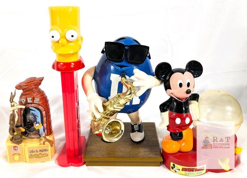 Character Candy Dispensers and BanksLot: Bart Simpson Giant PEZ, Blue M&M Dispenser, Mickey Mouse Gumball Bank, Wile E. Coyote 1998