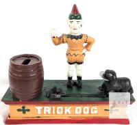 Trick Dog Cast Iron Mechanical Bank, Reproduction, 8.5" Length, Barrel Coin Slot, Hand-Painted
