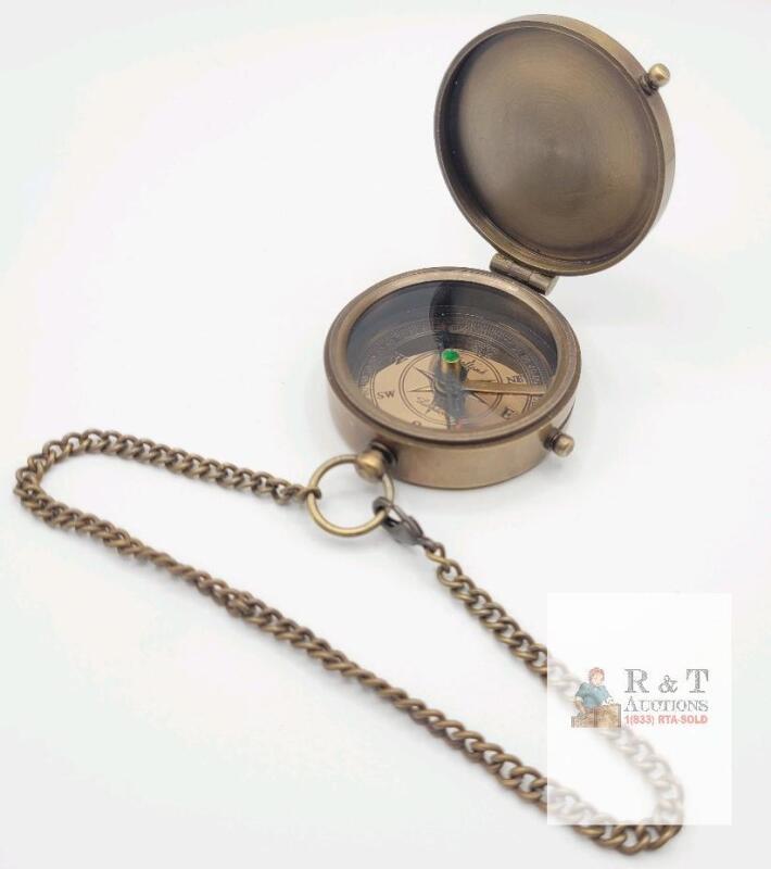 New Antique-Finish Brass Pocket Compass with Cover and Chain . See photos for size