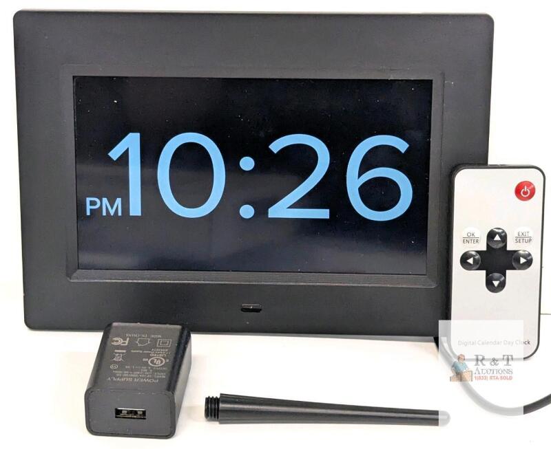 Black 8" Digital Calendar Day Clock, LCD, Multi-Alarm, Remote, Wall Mountable, USB Power