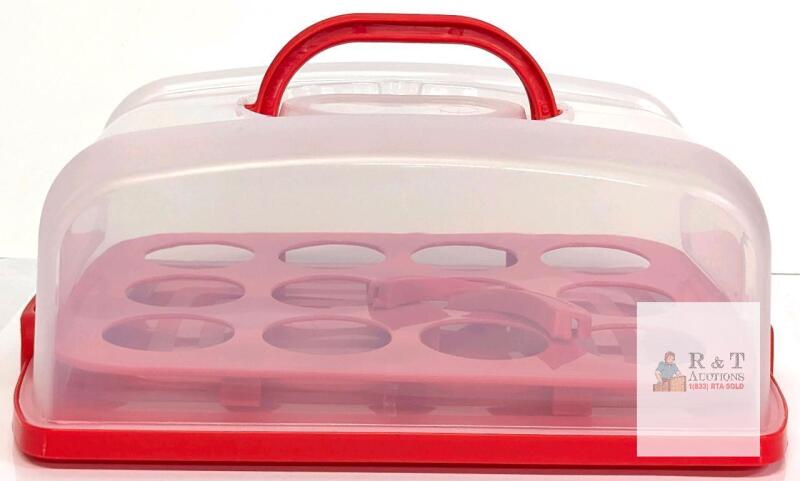12-Cup Cupcake and Muffin Carrier, Red and Clear Plastic, 15"x11"x5" with Handle, Removable Tray