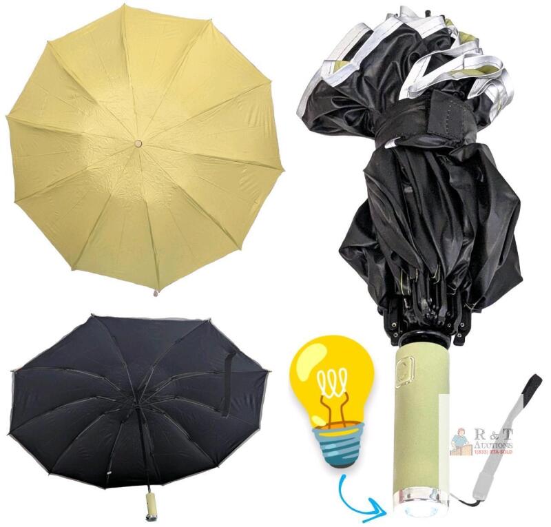 Automatic Folding Umbrella 37" Gold/Black Canopy, LED Flashlight Handle, Reflective Trim