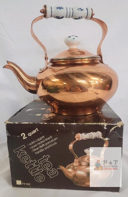 Solid Copper 2 Quart Tea Kettle, Model TY 102, Nickel Lined, Delft Porcelain Handle & Knob, Boxed
