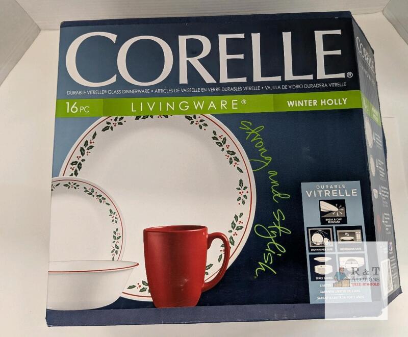 Corelle Winter Holly 16-Piece Dinnerware Set, Vitrelle Glass, Includes Plates Bowls & Mugs
