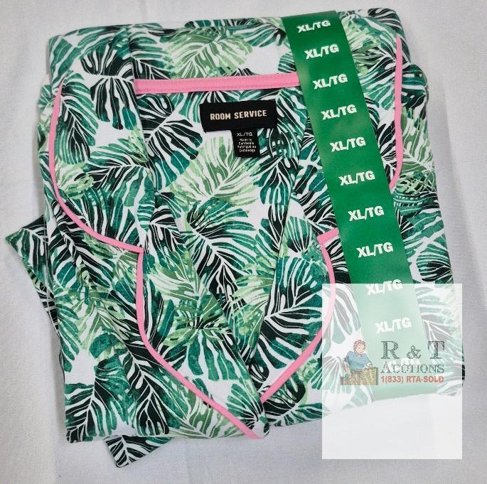 NEW Room Service XL Women's Pajama Top, Green Leaf Print, Pink Trim, Long Sleeve, Button-Front