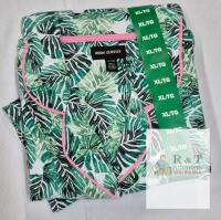 NEW Room Service XL Women's Pajama Top, Green Leaf Print, Pink Trim, Long Sleeve, Button-Front