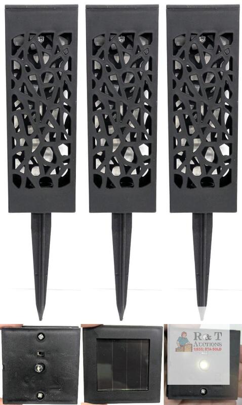 Set of 3 Solar LED Outdoor Pathway Lights, Black, 13.5 Inch, Ground Stake, Modern Cut-Out Design