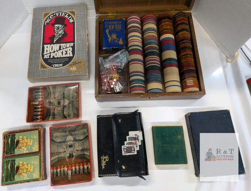 Vintage W.C. Fields Poker Set w/ Commemorative Cards, 200+ Poker Chips, Bridge Case, Unique Decks