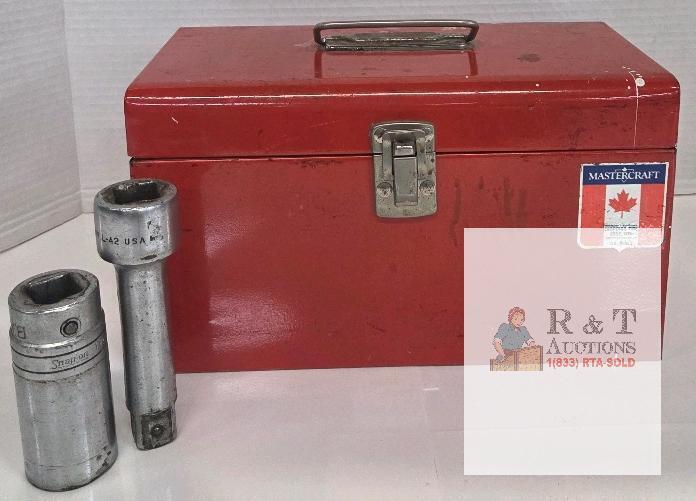 Vintage Mastercraft Metal Toolbox 13", Snap-on 1-1/8" Socket & L-42 Extension, Canada, 58-0802