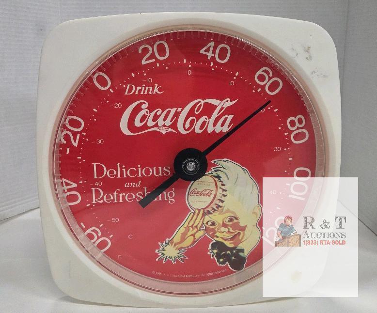 Coca-Cola Wall Thermometer 12" Square, Red "Delicious and Refreshing" 1988, Coca-Cola Kid