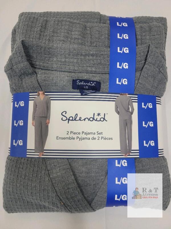 NEW Splendid Women's Grey Waffle Knit 2 Piece Pajama Set, Large, 100% Polyester, Button Up