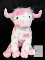 Large 18" Plush Pink and White Cow Bull Stuffed Animal with Horns and Fluffy Mane