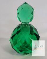 Emerald Green Faceted Glass Perfume Bottle, 3.25" Tall, with Stopper, Diamond Cut Design