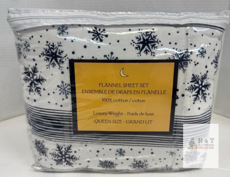 NEW Queen Flannel Sheet Set, 100% Cotton, Luxury Weight, Snowflake Pattern, Item 33974