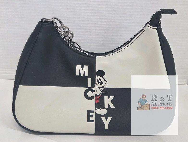 Disney Mickey Mouse Black & White Shoulder Bag &ndash; Chain Strap, Charm, Zipper Closure, 10" Wide-gently used with minor wear visible.