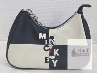 Disney Mickey Mouse Black & White Shoulder Bag &ndash; Chain Strap, Charm, Zipper Closure, 10" Wide-gently used with minor wear visible.