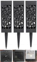 Set of 3 Solar LED Pathway Lights, Black Stake, 13" Tall, Geometric Design, Outdoor Garden
