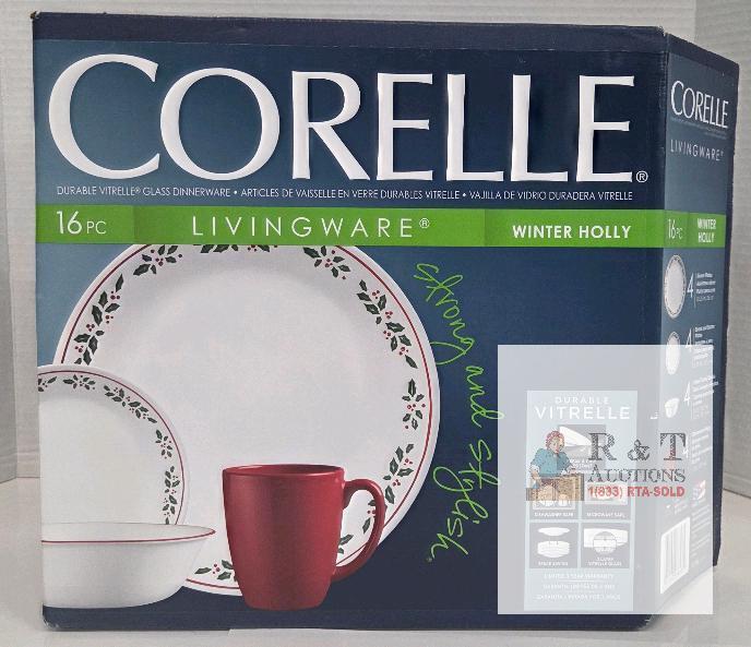 Corelle 16-Piece Livingware Winter Holly Dinnerware Set, Vitrelle Glass, Red Mugs, USA Made