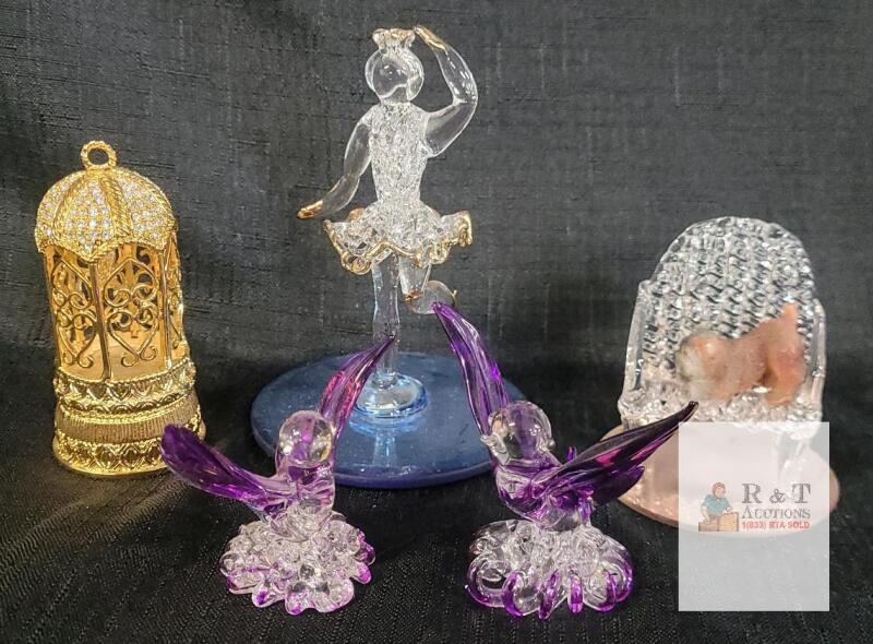 Miniature Glass Figurines Set - Ballerina, Birds, Gilded Cage, Chair with Cat, 5 Pieces, 3.75"