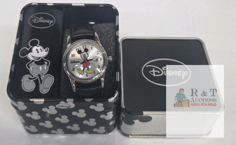 Disney Mickey Mouse Analog Wristwatch, Black Faux Leather Band, Collectible Tin, Quartz Movement