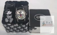 Disney Mickey Mouse Analog Wristwatch, Black Faux Leather Band, Collectible Tin, Quartz Movement