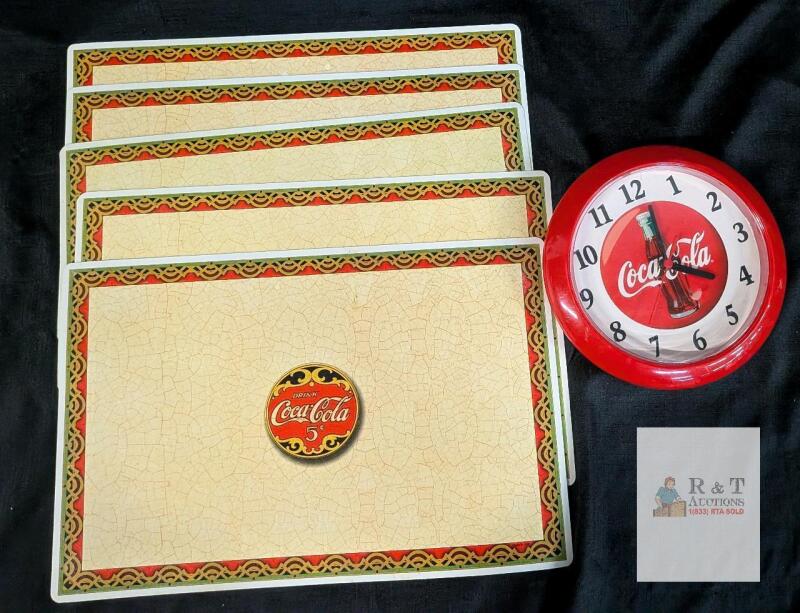 Coca-Cola Wall WORKING Clock Red Vintage Bottle Design & Set of 5 17.5" Placemats 5&cent; Logo Collectible