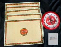 Coca-Cola Wall WORKING Clock Red Vintage Bottle Design & Set of 5 17.5" Placemats 5&cent; Logo Collectible