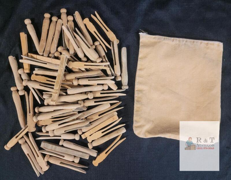 Vintage Lot of Wooden Clothespins with Canvas Zipper Pouch, 4 Inch One-Piece Style