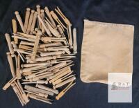 Vintage Lot of Wooden Clothespins with Canvas Zipper Pouch, 4 Inch One-Piece Style
