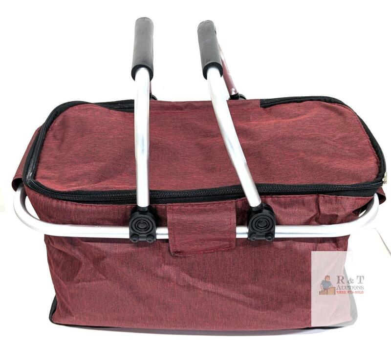NEW Collapsible Insulated Picnic Basket Tote, Burgundy, 15"x9"x9.5", Aluminum Frame, Zippered Top